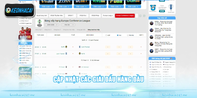 Cập nhật các giải đấu hàng đầu