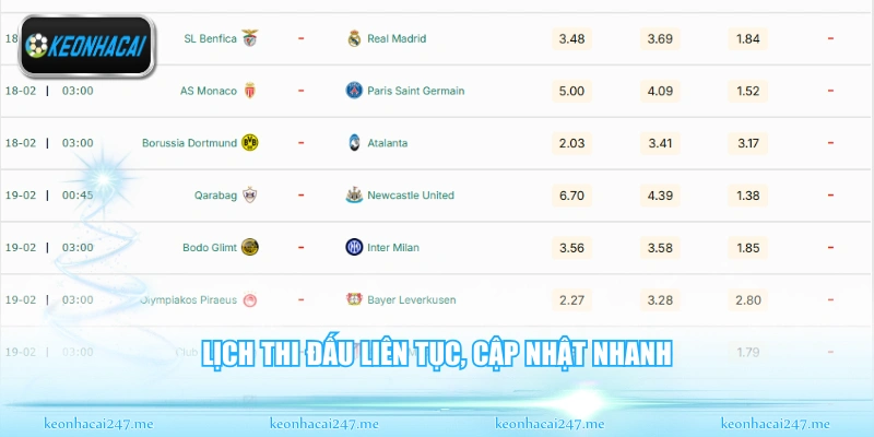 Lịch thi đấu liên tục, cập nhật nhanh
